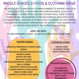 Middle school food and clothing drive promotional flyer