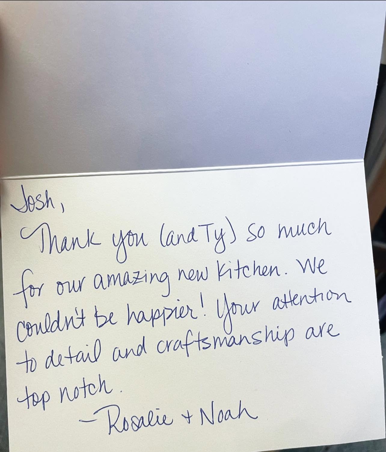 Handwritten thank-you note to Builders Corner.